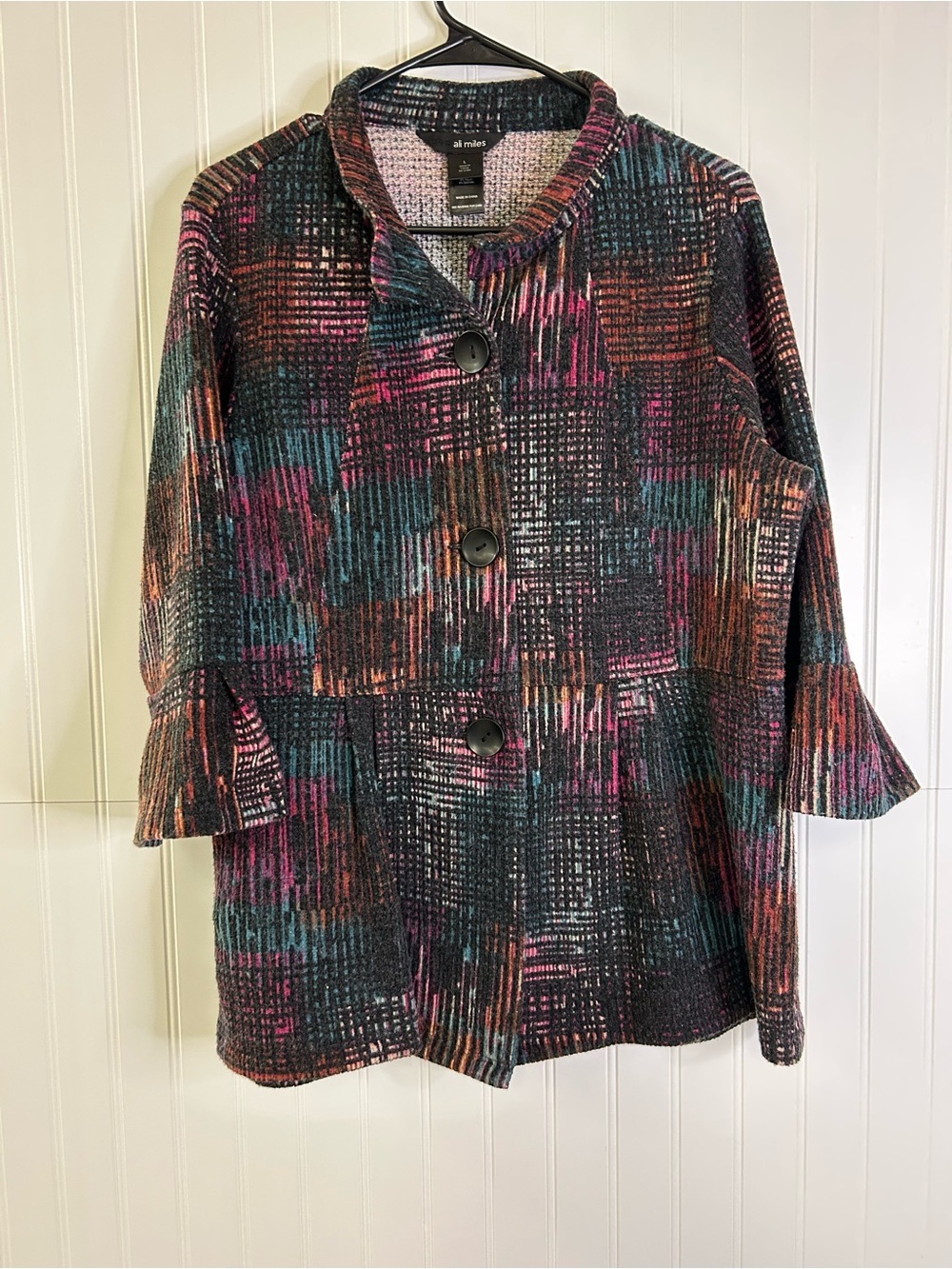 Ali Miles Large Jacket Cardigan Multi Color Peplum Hem Sleeve Size Large